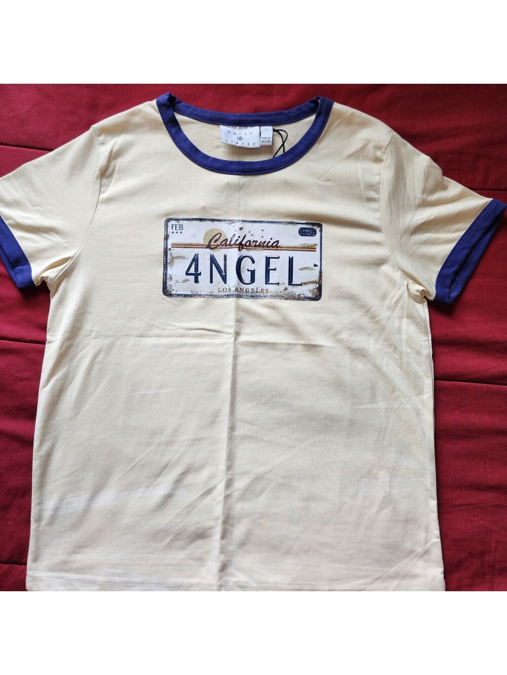 Daisy Street California Angel Graphic Ringer T-Shirt Beige Blue Contrast Trim